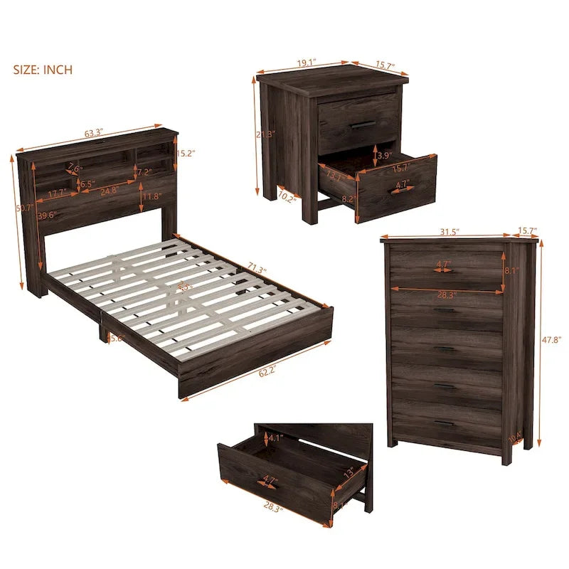 Camera da letto matrimoniale, struttura letto vintage in legno con 2 comodini e 1 cassettiera