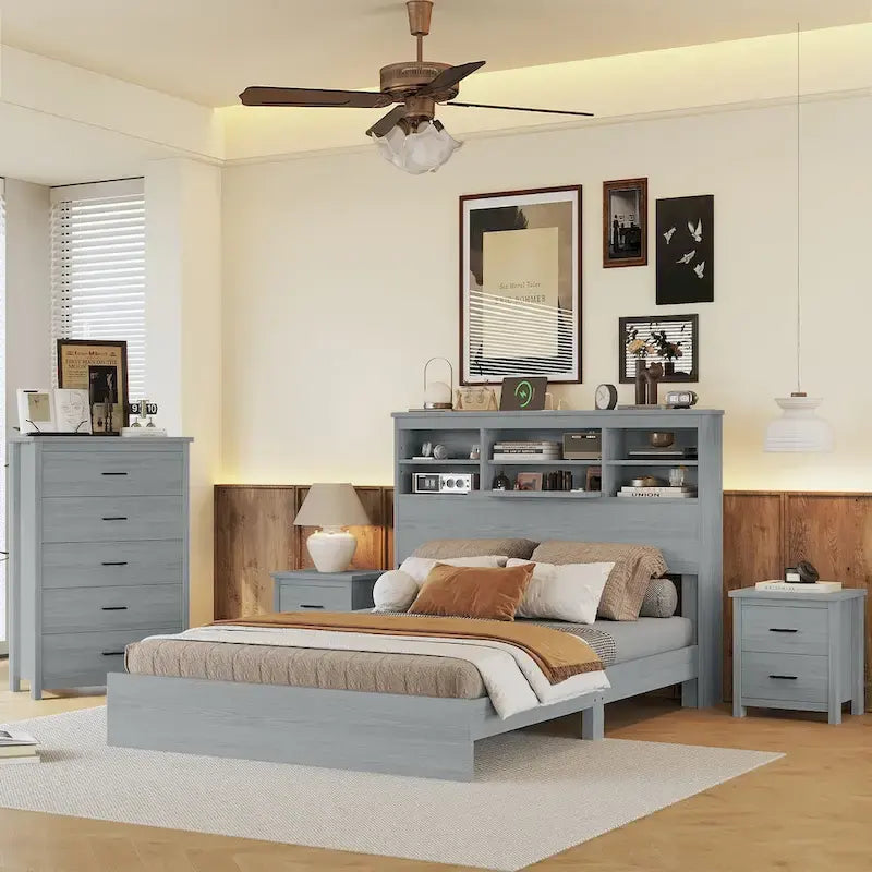 Camera da letto matrimoniale, struttura letto vintage in legno con 2 comodini e 1 cassettiera