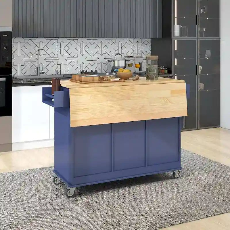 Isola per Cucina Mobile con Ruote a Scomparsa, Piano in Legno Massello