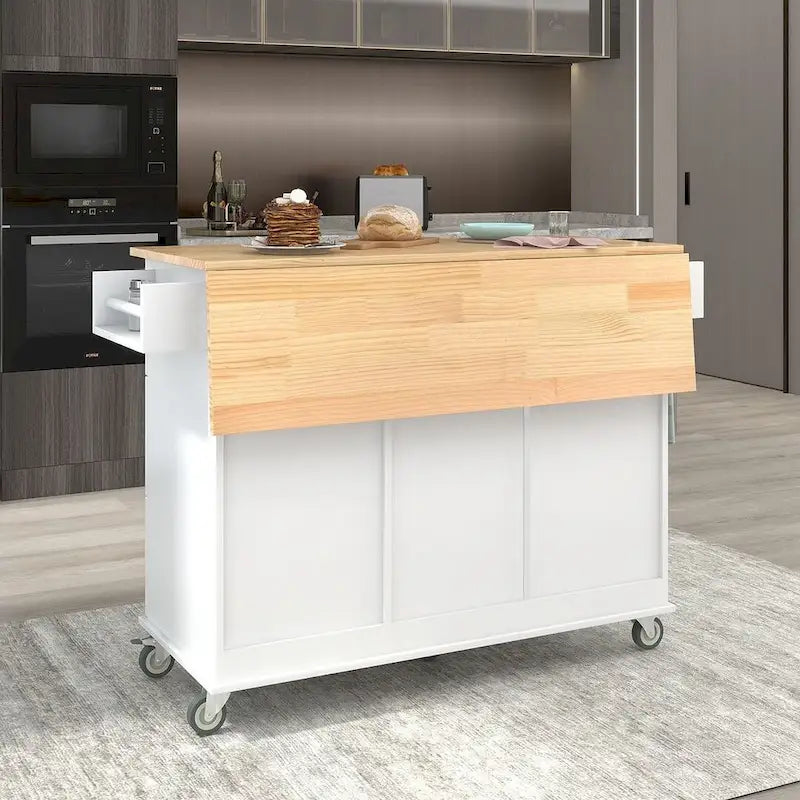 Isola per Cucina Mobile con Ruote a Scomparsa, Piano in Legno Massello
