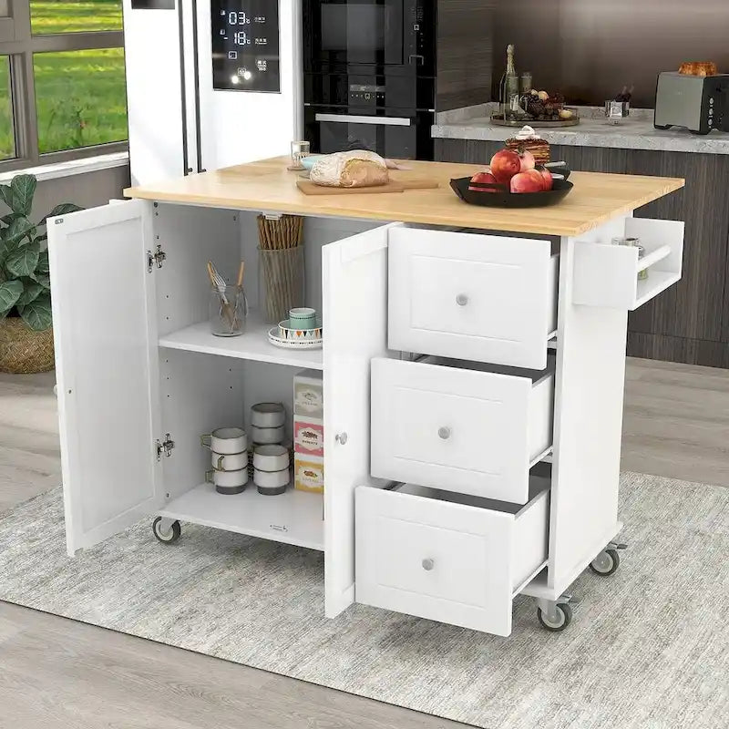 Isola per Cucina Mobile con Ruote a Scomparsa, Piano in Legno Massello