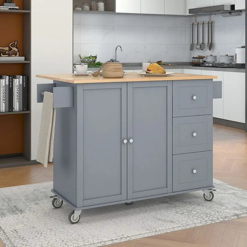 Isola per Cucina Mobile con Ruote a Scomparsa, Piano in Legno Massello