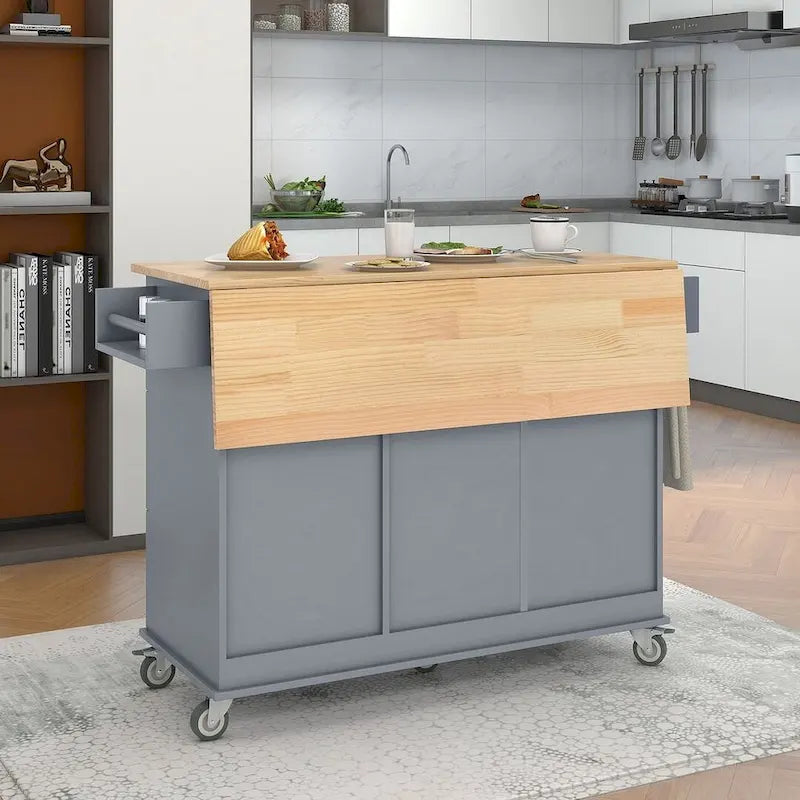 Isola per Cucina Mobile con Ruote a Scomparsa, Piano in Legno Massello