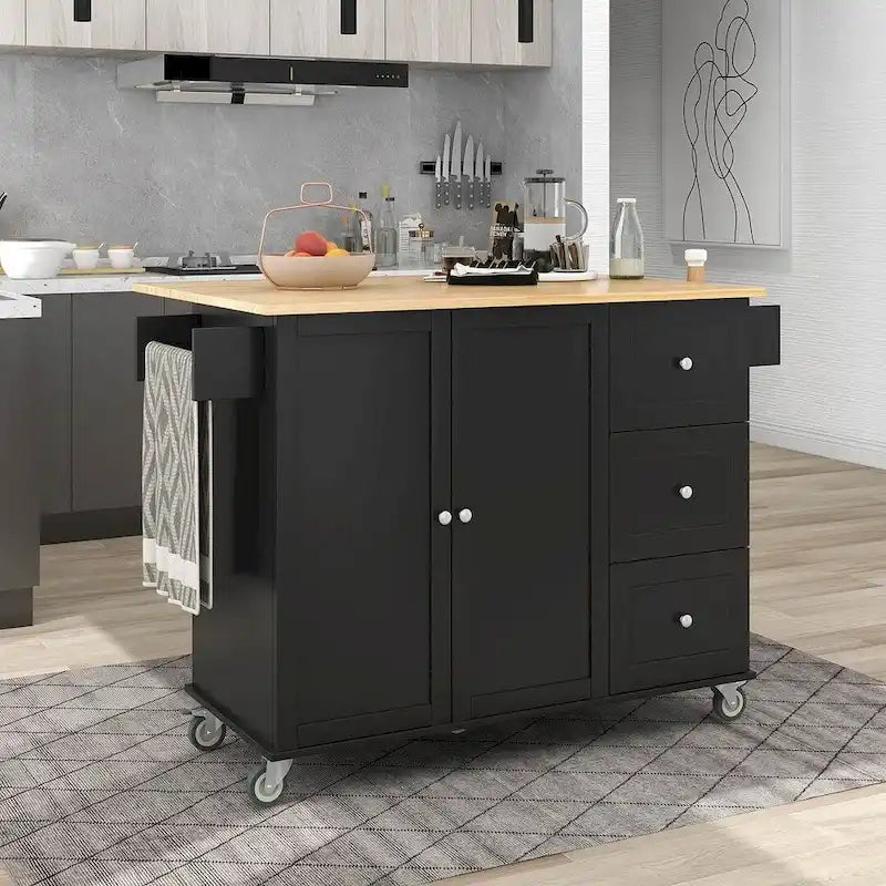 Isola per Cucina Mobile con Ruote a Scomparsa, Piano in Legno Massello