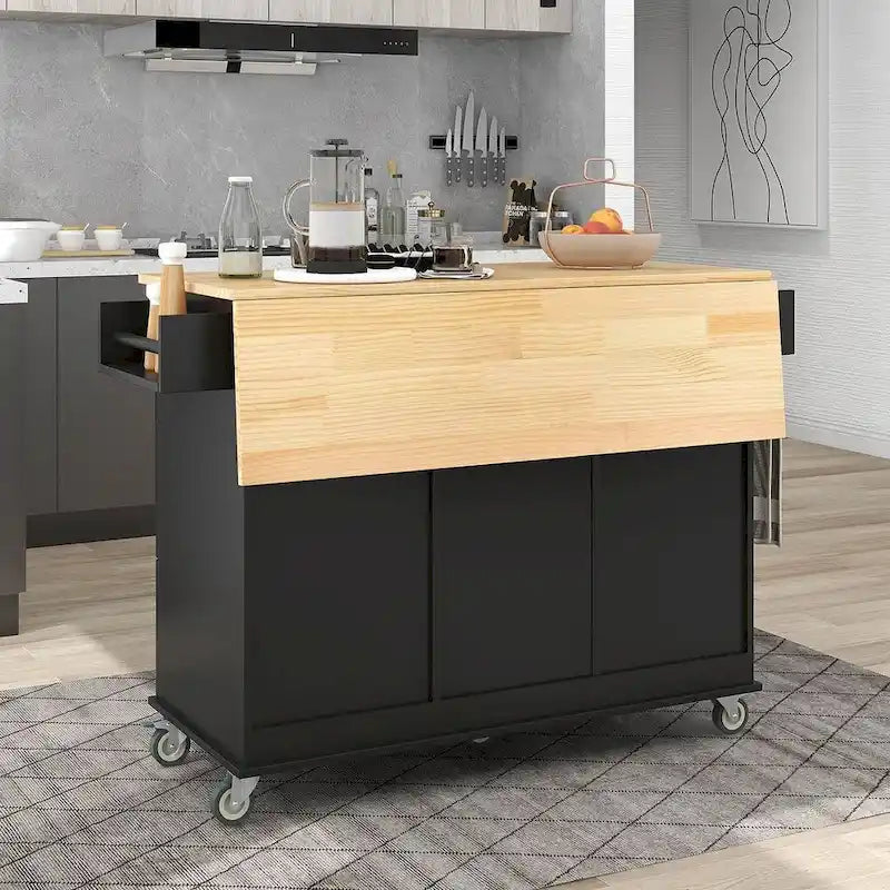 Isola per Cucina Mobile con Ruote a Scomparsa, Piano in Legno Massello