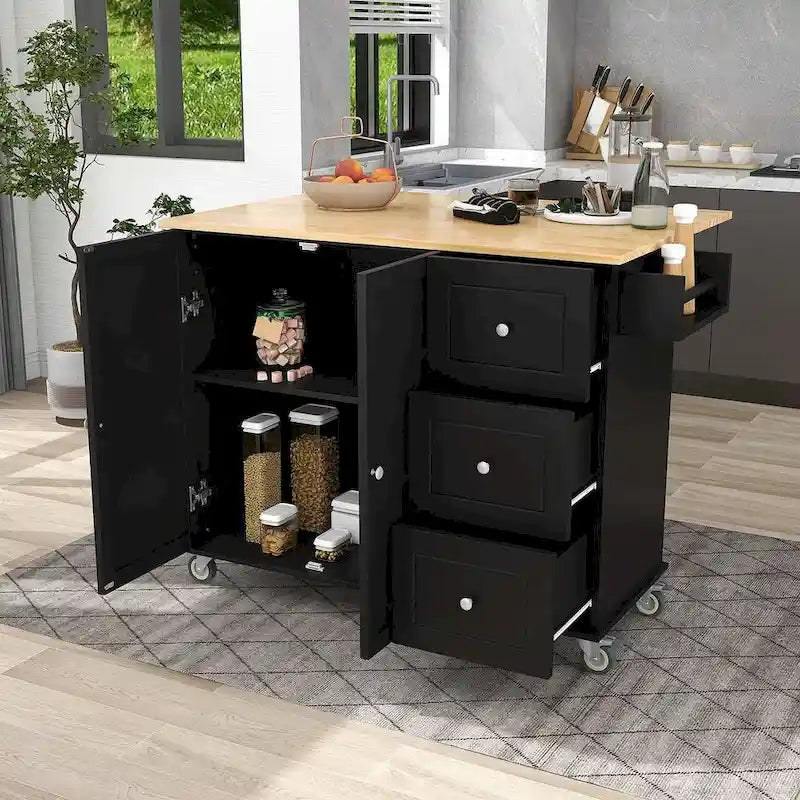 Isola per Cucina Mobile con Ruote a Scomparsa, Piano in Legno Massello