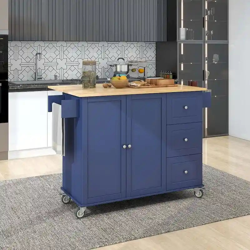 Isola per Cucina Mobile con Ruote a Scomparsa, Piano in Legno Massello