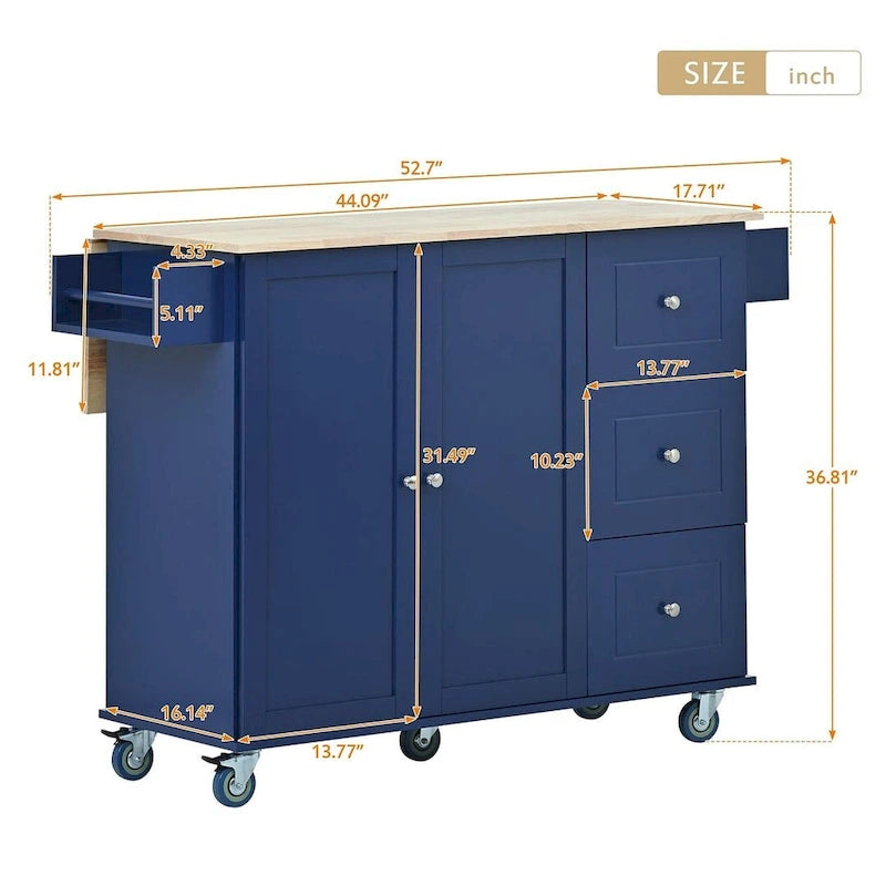 Isola per Cucina Mobile con Ruote a Scomparsa, Piano in Legno Massello