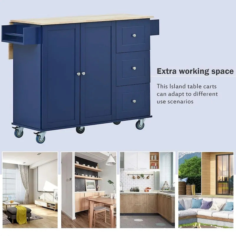 Isola per Cucina Mobile con Ruote a Scomparsa, Piano in Legno Massello