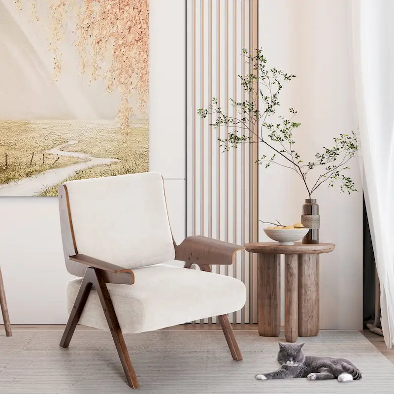 Poltrona d'accento per soggiorno, sedia in tessuto in stile moderno di metà secolo con gambe in rovere, sedia laterale imbottita e comoda per balcone