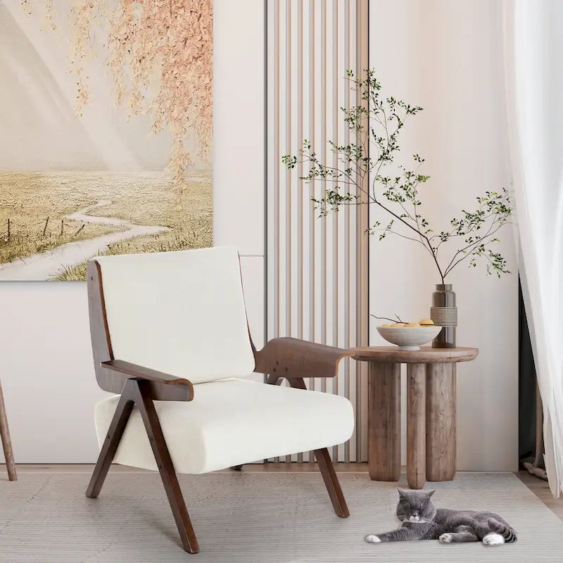 Poltrona d'accento per soggiorno, sedia in tessuto in stile moderno di metà secolo con gambe in rovere, sedia laterale imbottita e comoda per balcone