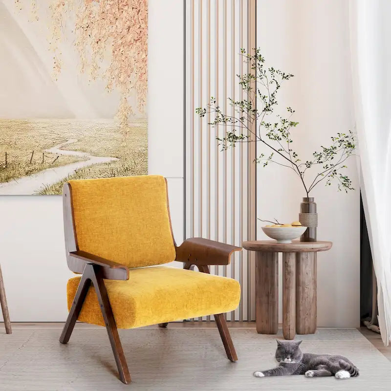 Poltrona d'accento per soggiorno, sedia in tessuto in stile moderno di metà secolo con gambe in rovere, sedia laterale imbottita e comoda per balcone