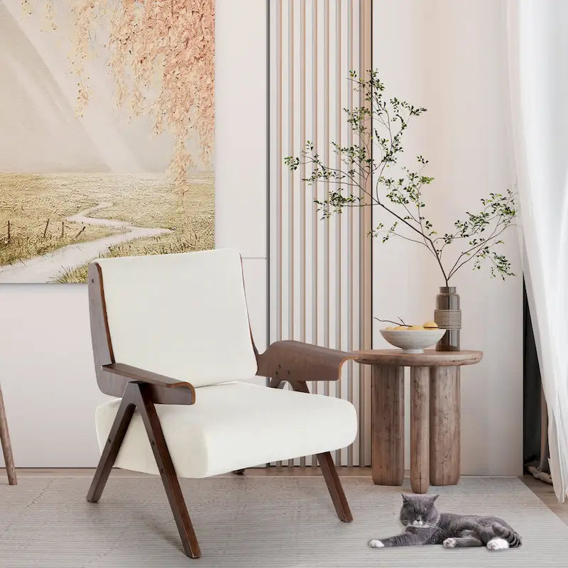 Accent Chair for Living Room, Mid Century Modern Fabric Chair with Oak Leg, Upholstered Comfy Side Chair for Balcony