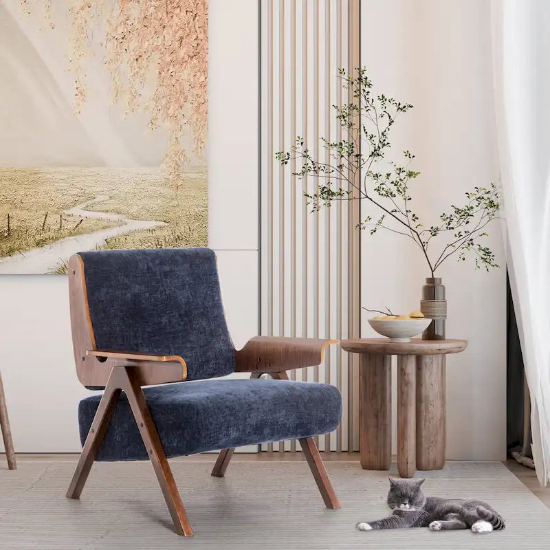 Poltrona d'accento per soggiorno, sedia in tessuto in stile moderno di metà secolo con gambe in rovere, sedia laterale imbottita e comoda per balcone