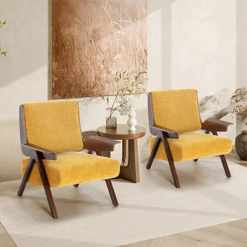 Poltrona d'accento per soggiorno, sedia in tessuto in stile moderno di metà secolo con gambe in rovere, sedia laterale imbottita e comoda per balcone