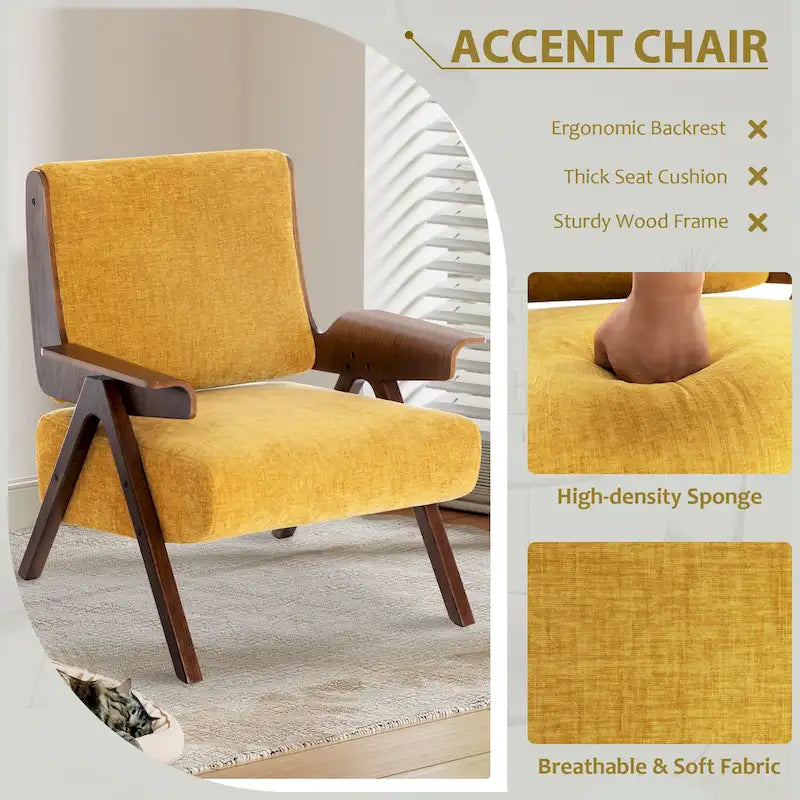 Poltrona d'accento per soggiorno, sedia in tessuto in stile moderno di metà secolo con gambe in rovere, sedia laterale imbottita e comoda per balcone
