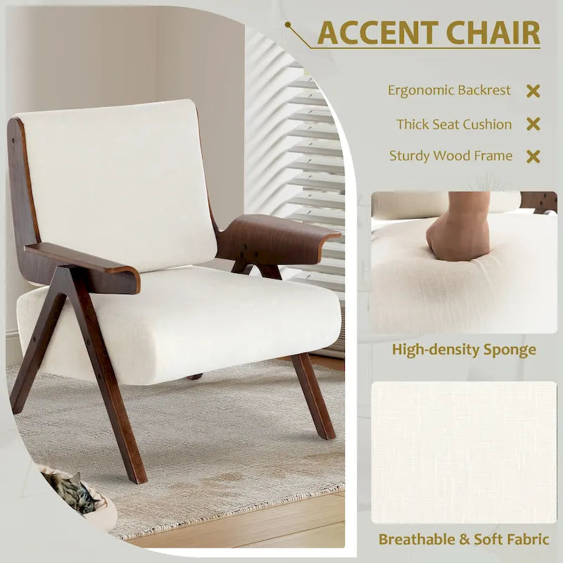 Poltrona d'accento per soggiorno, sedia in tessuto in stile moderno di metà secolo con gambe in rovere, sedia laterale imbottita e comoda per balcone