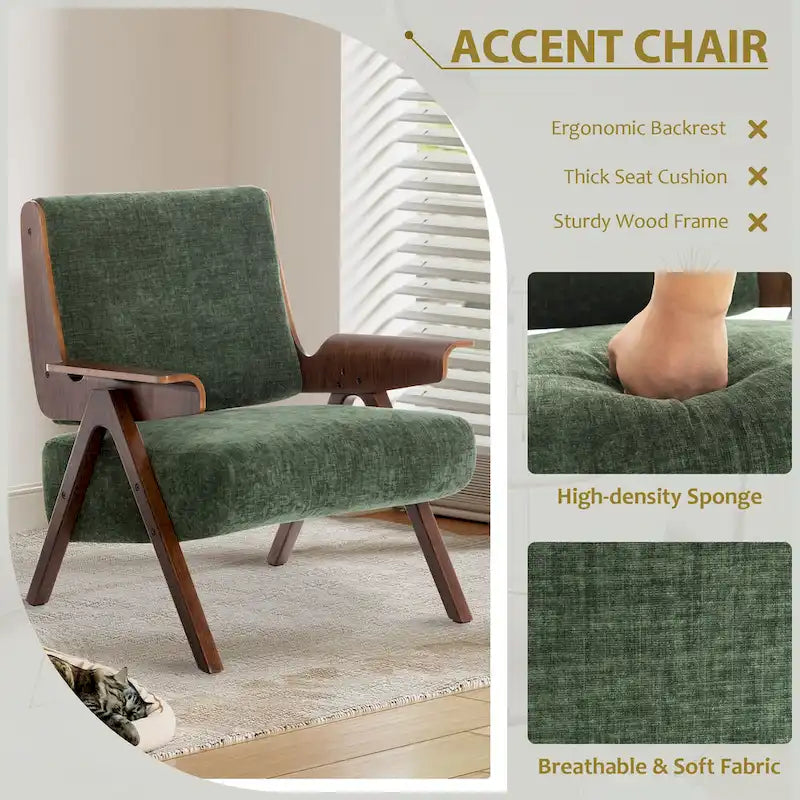 Poltrona d'accento per soggiorno, sedia in tessuto in stile moderno di metà secolo con gambe in rovere, sedia laterale imbottita e comoda per balcone