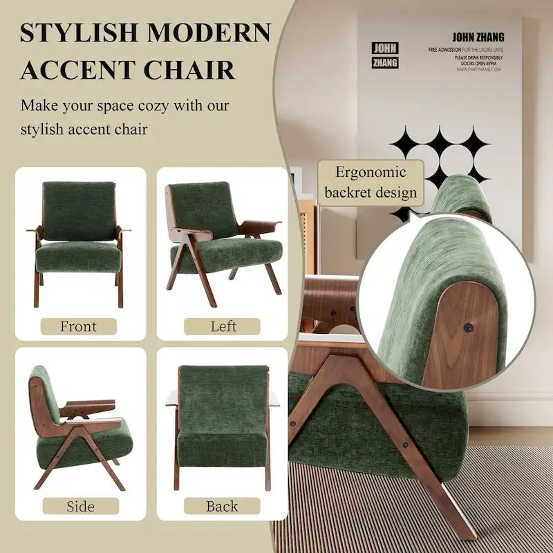 Poltrona d'accento per soggiorno, sedia in tessuto in stile moderno di metà secolo con gambe in rovere, sedia laterale imbottita e comoda per balcone
