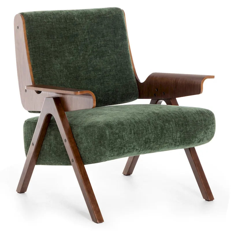 Poltrona d'accento per soggiorno, sedia in tessuto in stile moderno di metà secolo con gambe in rovere, sedia laterale imbottita e comoda per balcone