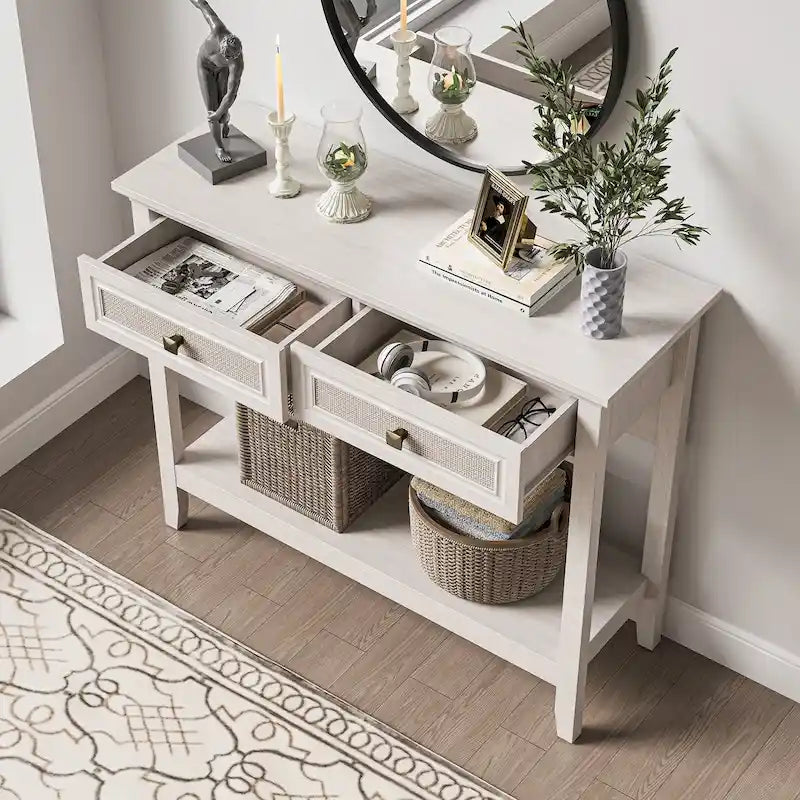 Tavolino Consolle Boho in Rattan Naturale con Piano Allargato e 2 Cassetti