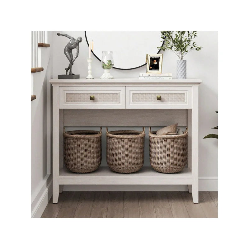 Tavolino Consolle Boho in Rattan Naturale con Piano Allargato e 2 Cassetti
