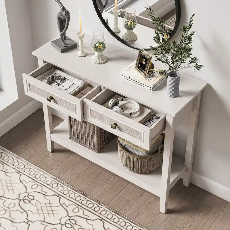 Tavolino Consolle Boho in Rattan Naturale con Piano Allargato e 2 Cassetti