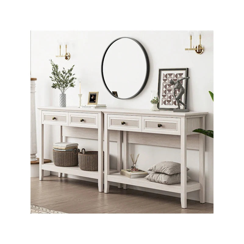 Tavolino Consolle Boho in Rattan Naturale con Piano Allargato e 2 Cassetti