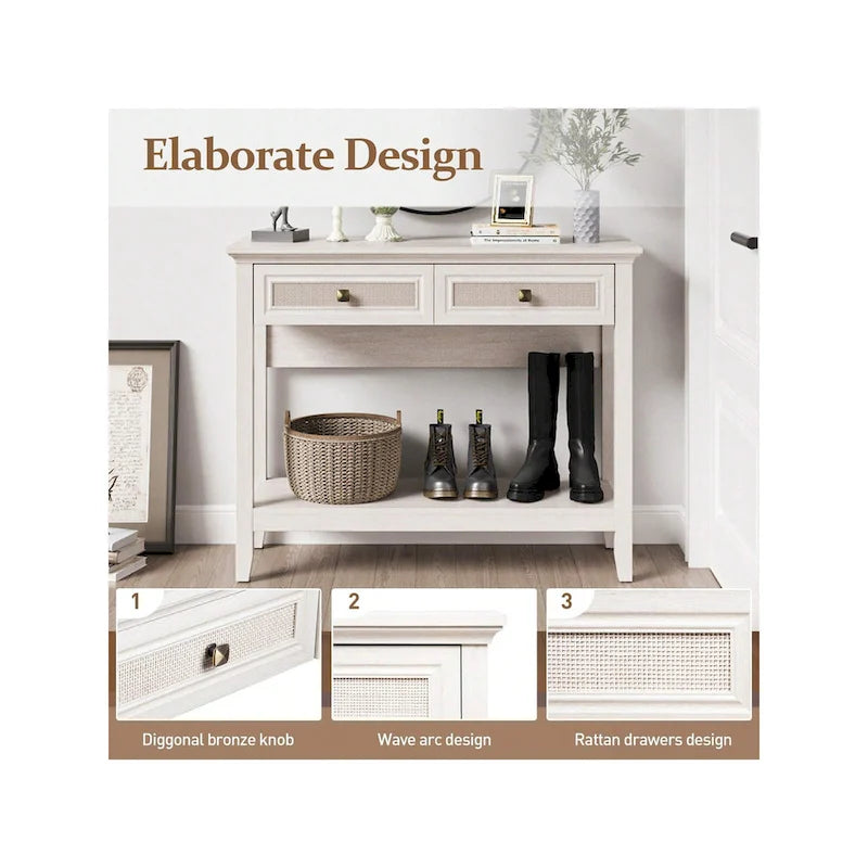 Tavolino Consolle Boho in Rattan Naturale con Piano Allargato e 2 Cassetti