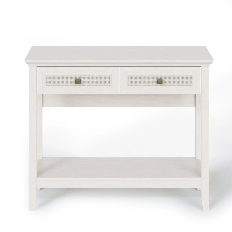 Tavolino Consolle Boho in Rattan Naturale con Piano Allargato e 2 Cassetti