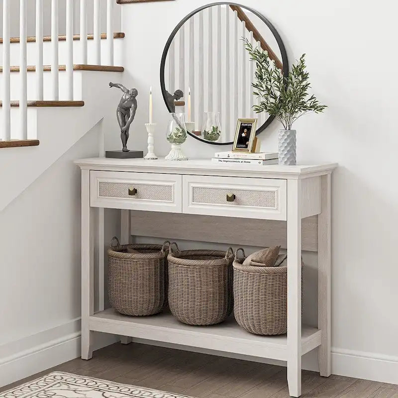 Tavolino Consolle Boho in Rattan Naturale con Piano Allargato e 2 Cassetti