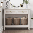 Tavolino Consolle Boho in Rattan Naturale con Piano Allargato e 2 Cassetti