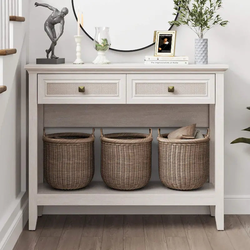 Tavolino Consolle Boho in Rattan Naturale con Piano Allargato e 2 Cassetti
