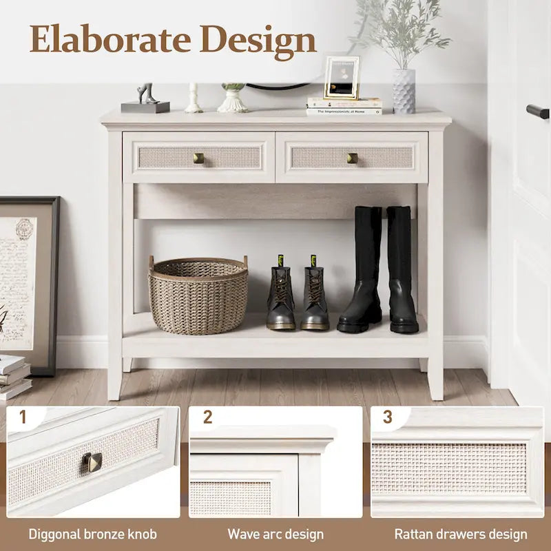 Tavolino Consolle Boho in Rattan Naturale con Piano Allargato e 2 Cassetti