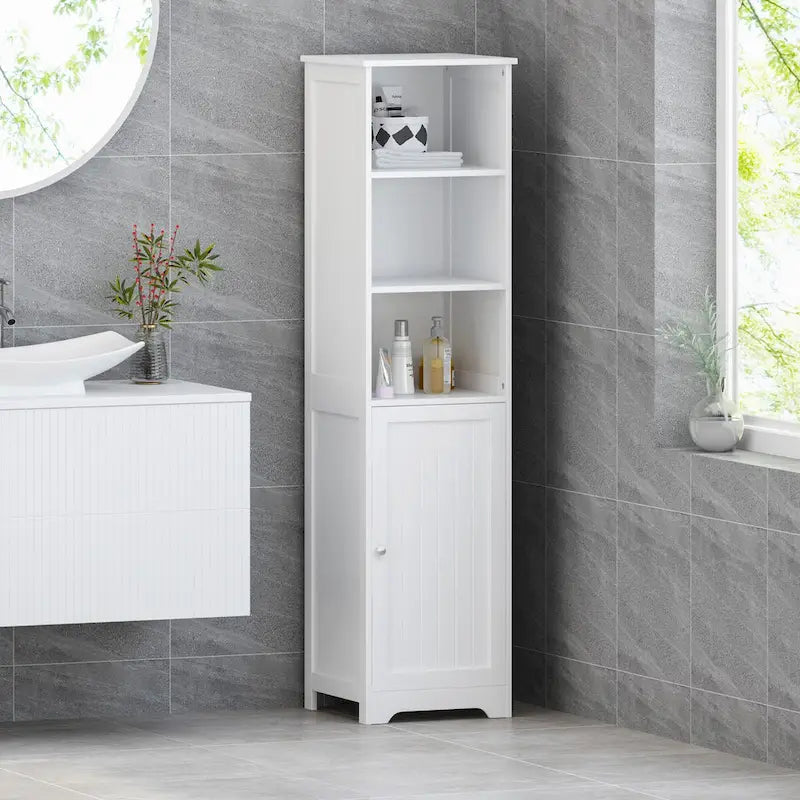 Mobiletto alto 160 cm per bagno, mobile contenitore da appoggio con 1 anta e ripiani regolabili, colore bianco