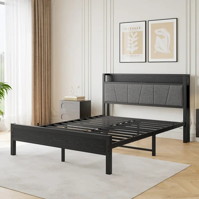 Base letto Queen/Full/Twin con testiera contenitore e stazione di ricarica, senza rumore