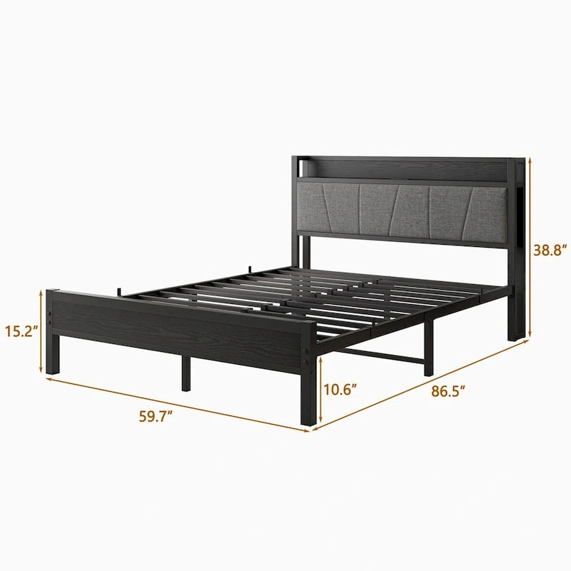 Base letto Queen/Full/Twin con testiera contenitore e stazione di ricarica, senza rumore