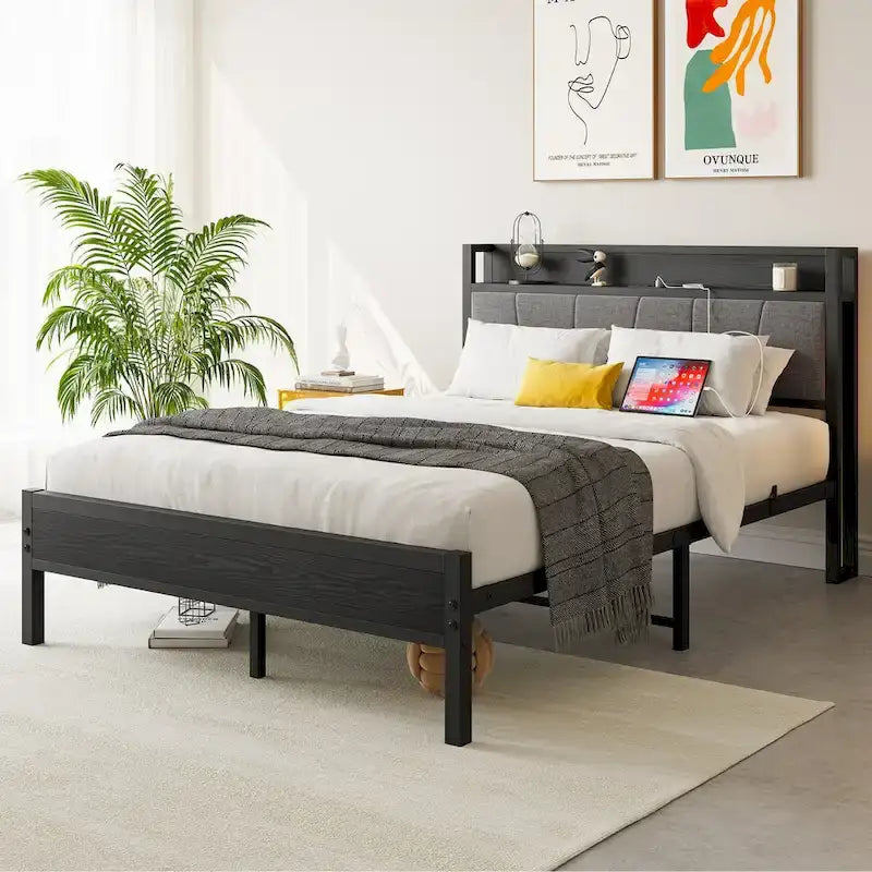 Base letto Queen/Full/Twin con testiera contenitore e stazione di ricarica, senza rumore