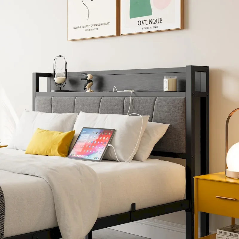 Base letto Queen/Full/Twin con testiera contenitore e stazione di ricarica, senza rumore