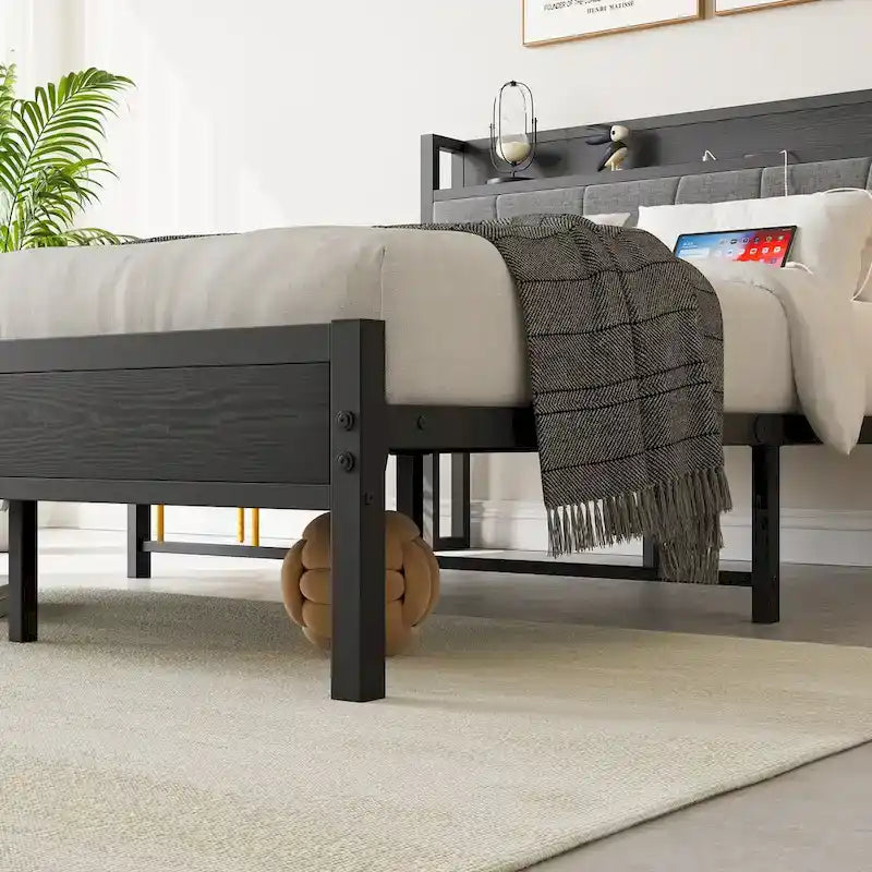 Base letto Queen/Full/Twin con testiera contenitore e stazione di ricarica, senza rumore