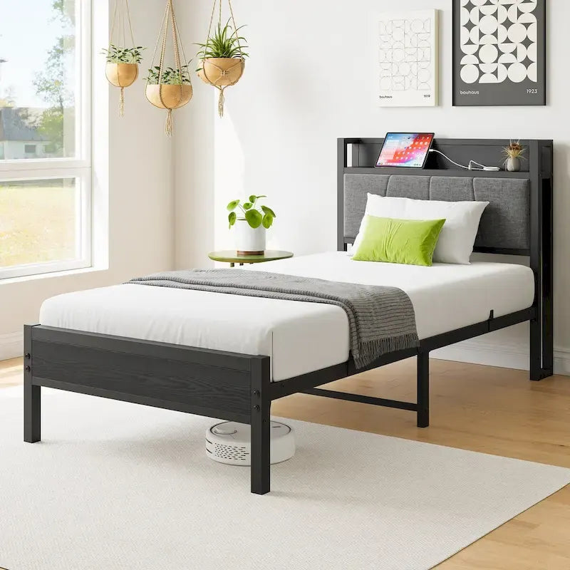 Base letto Queen/Full/Twin con testiera contenitore e stazione di ricarica, senza rumore