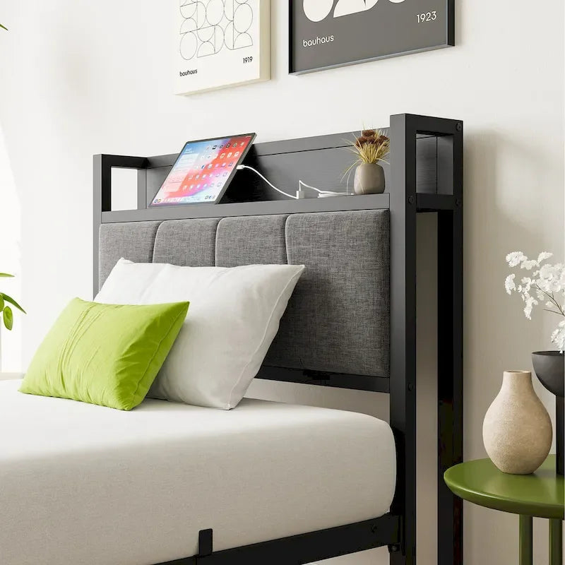 Base letto Queen/Full/Twin con testiera contenitore e stazione di ricarica, senza rumore