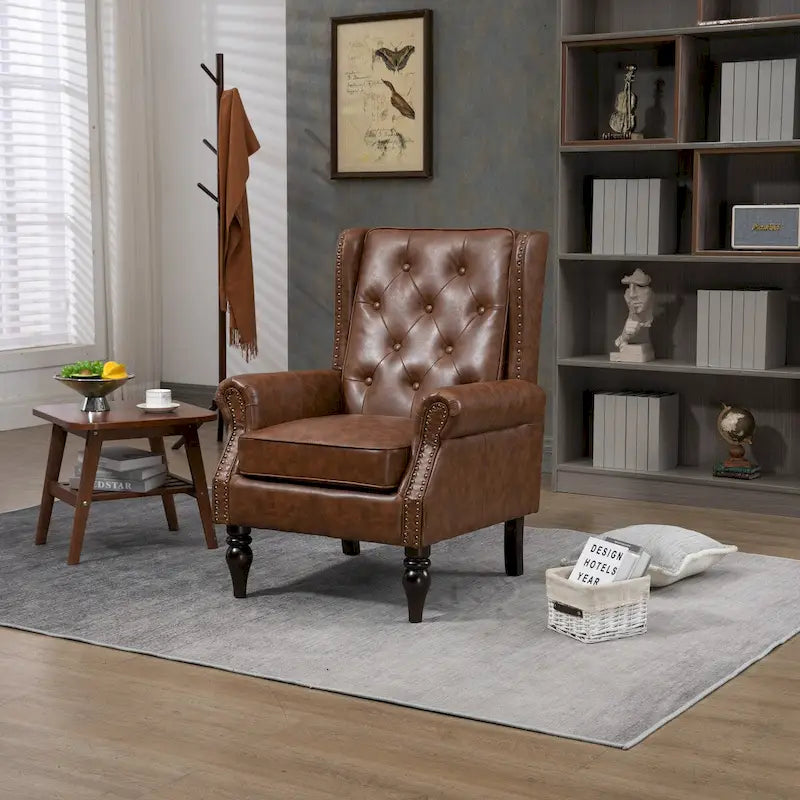 Poltrona imbottita in pelle PU, poltrona con schienale alto capitonné in stile Mid-Century con braccioli e gambe in legno massello