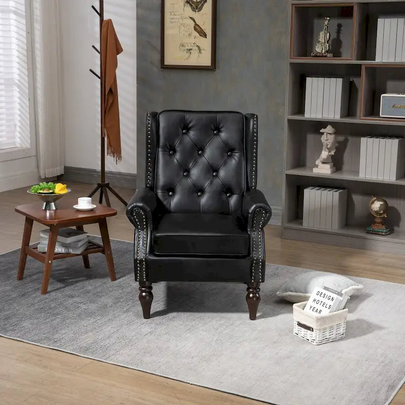 Poltrona imbottita in pelle PU, poltrona con schienale alto capitonné in stile Mid-Century con braccioli e gambe in legno massello