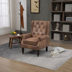 Poltrona imbottita in pelle PU, poltrona con schienale alto capitonné in stile Mid-Century con braccioli e gambe in legno massello