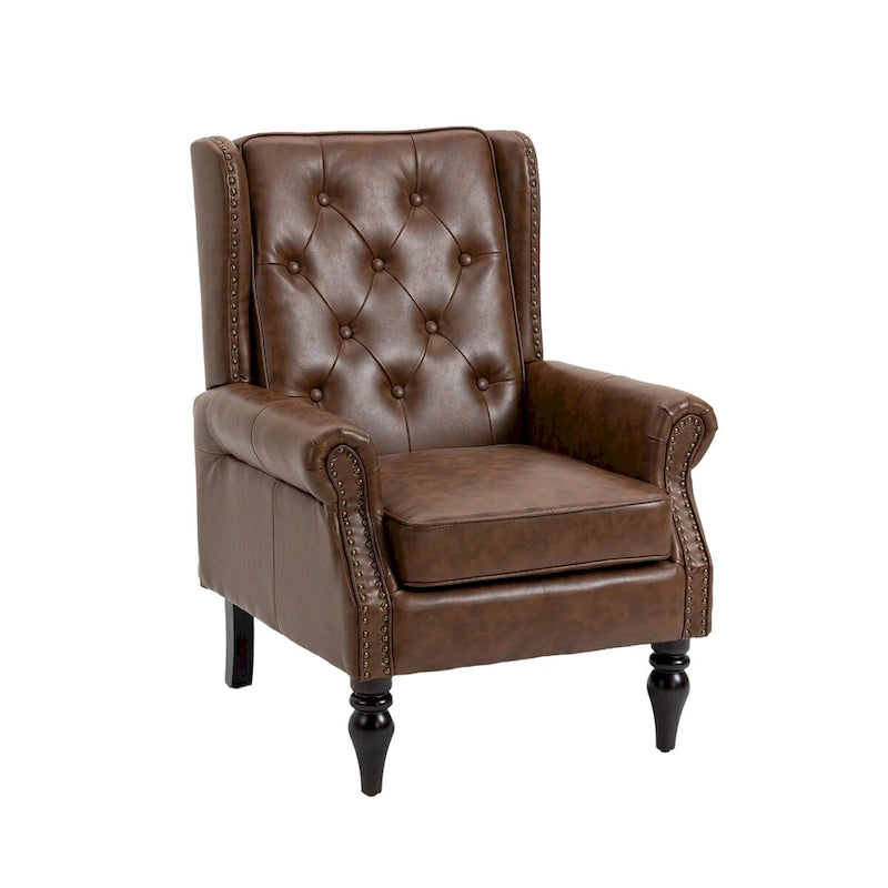 Poltrona imbottita in pelle PU, poltrona con schienale alto capitonné in stile Mid-Century con braccioli e gambe in legno massello