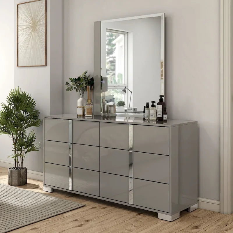 Cassettiera e specchio Erina Modern Glossy a 6 cassetti